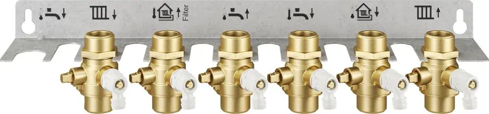 Montageplatte mit sechs Kugelhähnen, ausgeführt in Messing, für Anschluss an eine Wohnungsstation. Produkte von Bosch.